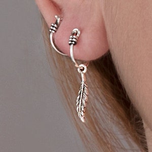 Feather Hoop Earrings Silver Charm Huggie Earrings Sterling Silver Modern Jewelry Tiny Dainty Hoops  Gift for Her - MHP008