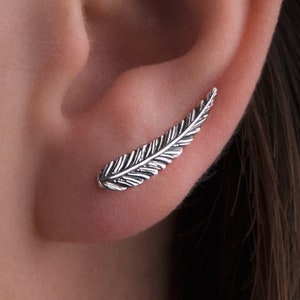 Feather Ear Climber Earrings Boho Sterling Silver Ear Cuff Feather Gold Plated Ear Climber Earrings Bohemian Jewelry FES018 image 1