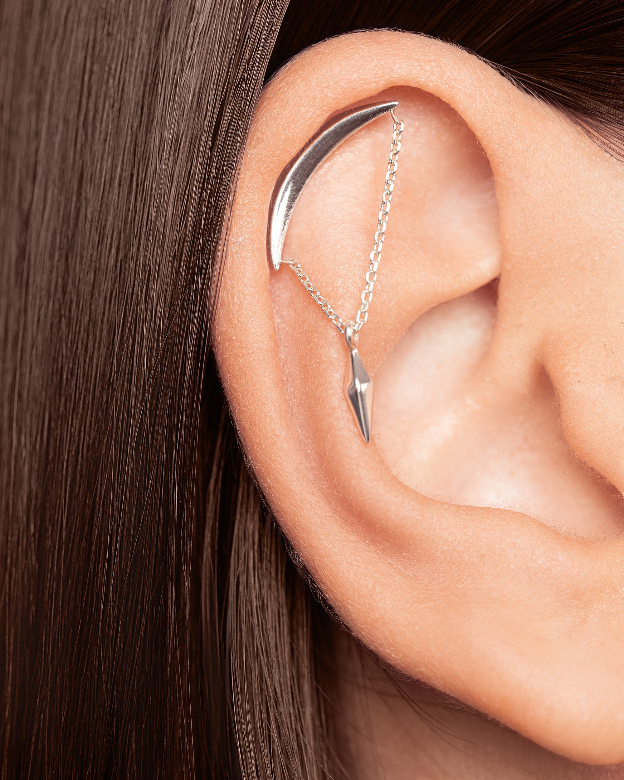 Top Helix Chain Piercing •  Hanging Pendulum Helix Earring • Crescent Moon Cartilage Earring • 18G 16G • Silver Hidden Helix - CRT012
