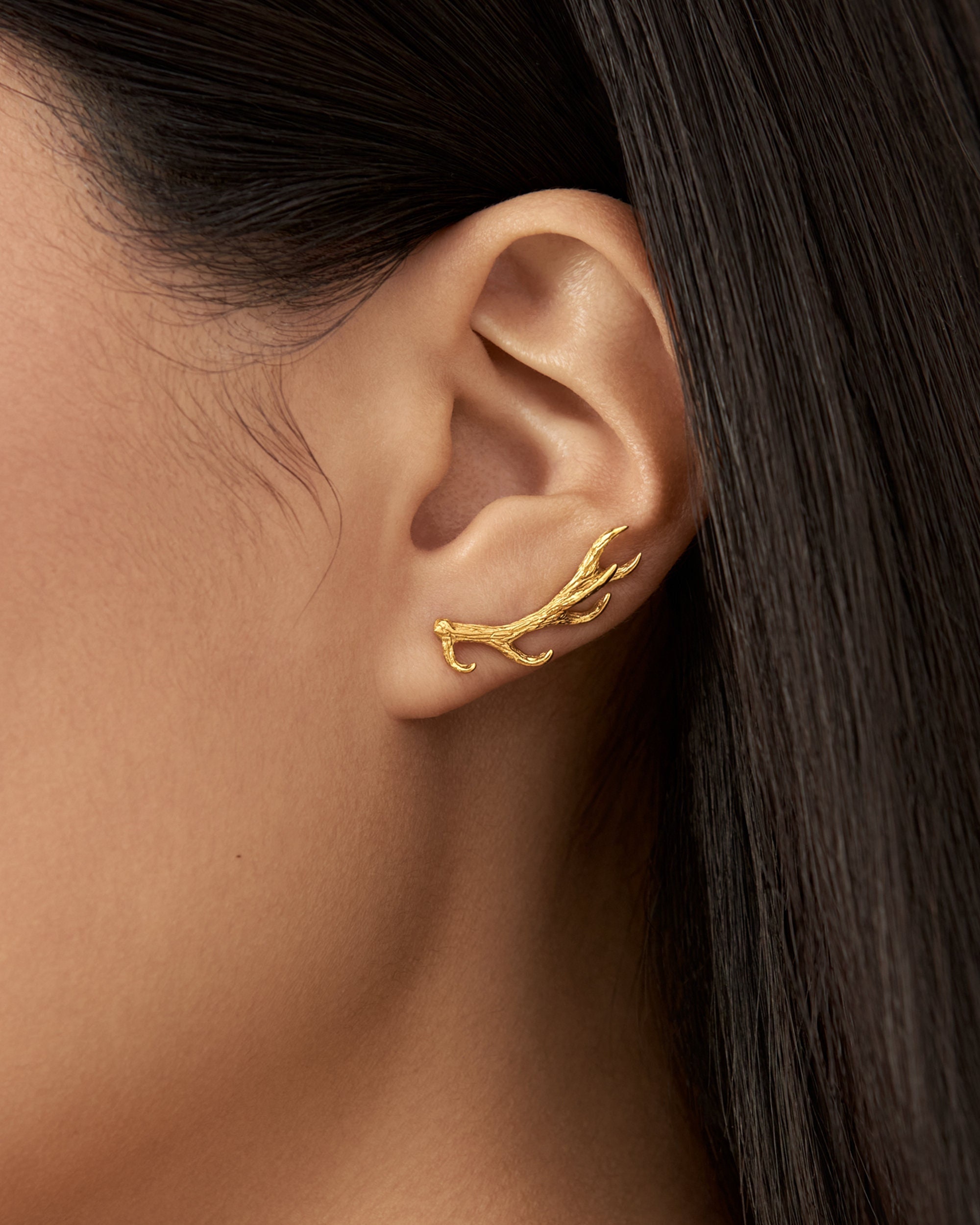 Golden Horns Ear Cuff Earrings • Deer Sterling Silver Ear Crawler • Gypsy Antler Earpin Earring  • Boho 925 Jewelry Gift - FES006