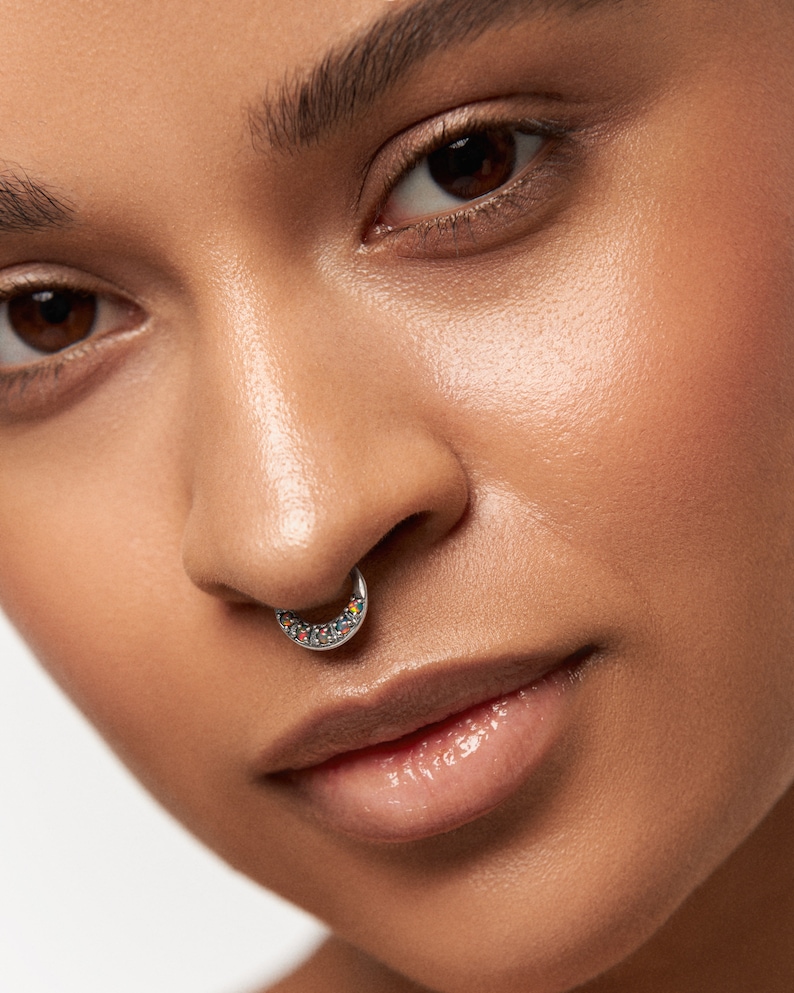 Opal Septum Ring Nose Ring Septum Jewelry Body Turquoise Opal Stone Piercing Sterling Silver Indian Style 14g 16g BSE027 image 2