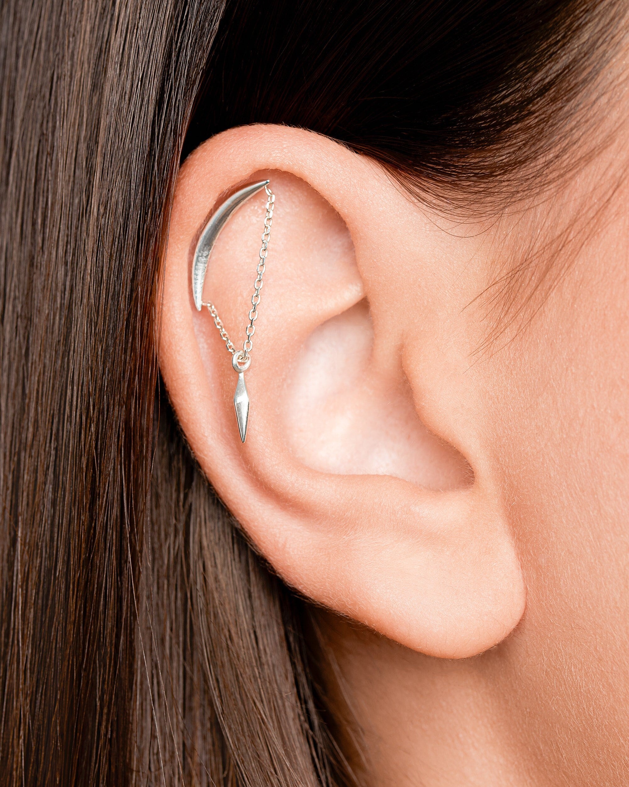 Top Helix Chain Piercing •  Hanging Pendulum Helix Earring • Crescent Moon Cartilage Earring • 18G 16G • Silver Hidden Helix - CRT012