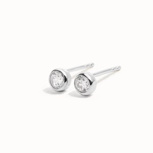 Bright White CZ Stud Earrings April Birthstone Earrings 3mm Minimalist Small Stud Earrings Silver Gold Simple Bezel Earrings CST016 Sterling Silver 925