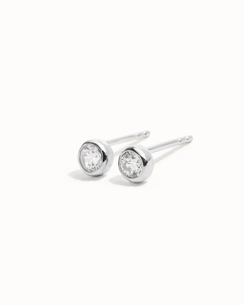 Bright White CZ Stud Earrings April Birthstone Earrings 3mm Minimalist Small Stud Earrings Silver Gold Simple Bezel Earrings CST016 Sterling Silver 925