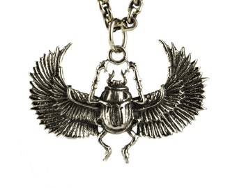 Sterling Silver Scarab Necklace Handmade Egypt Amulet Pendant Winged Scarab Magic Jewelry Gift for Her - FPE014