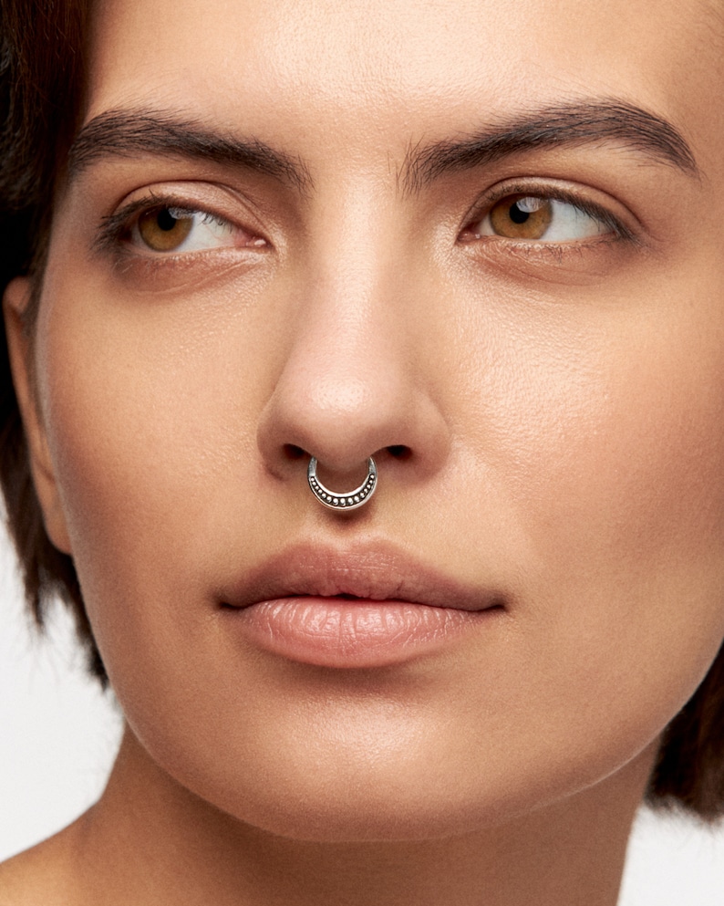 Septum Ring Moon Phase Celestial Nose Ring Sterling Silver Bohemian Body Jewelry Fashion Indian Style 14g 16g BSE026 image 2
