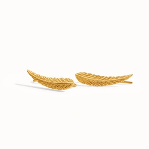 Feather Ear Climber Earrings Boho Sterling Silver Ear Cuff Feather Gold Plated Ear Climber Earrings Bohemian Jewelry FES018 Yellow Gold Shiny