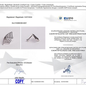 May include: A silver-toned metal stud earring shaped like a spider web, featuring a thin post and a small spherical backing. The design is presented on a European Union Intellectual Property Office Certificate of Registration document.