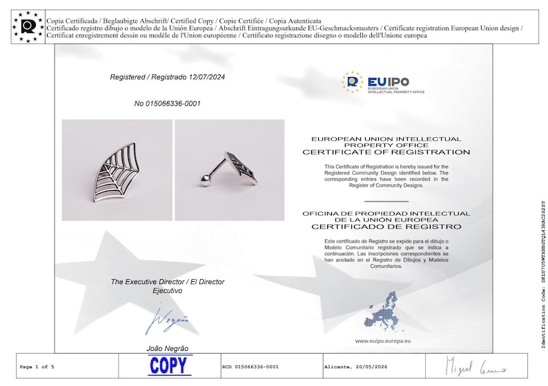May include: A silver-toned metal stud earring shaped like a spider web, featuring a thin post and a small spherical backing. The design is presented on a European Union Intellectual Property Office Certificate of Registration document.