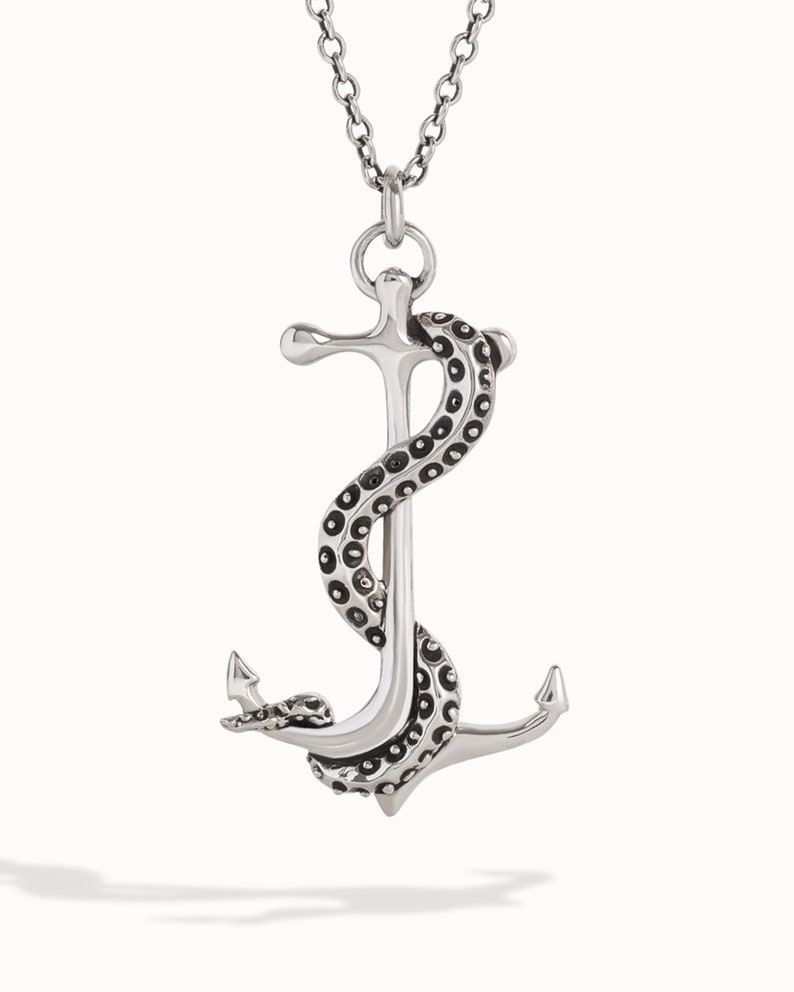 Marine Necklace Summer Jewelry Octopus Tentacle Anchor Necklace Sterling Silver Charm Pendant Gift for Him & Her FPE022 image 1