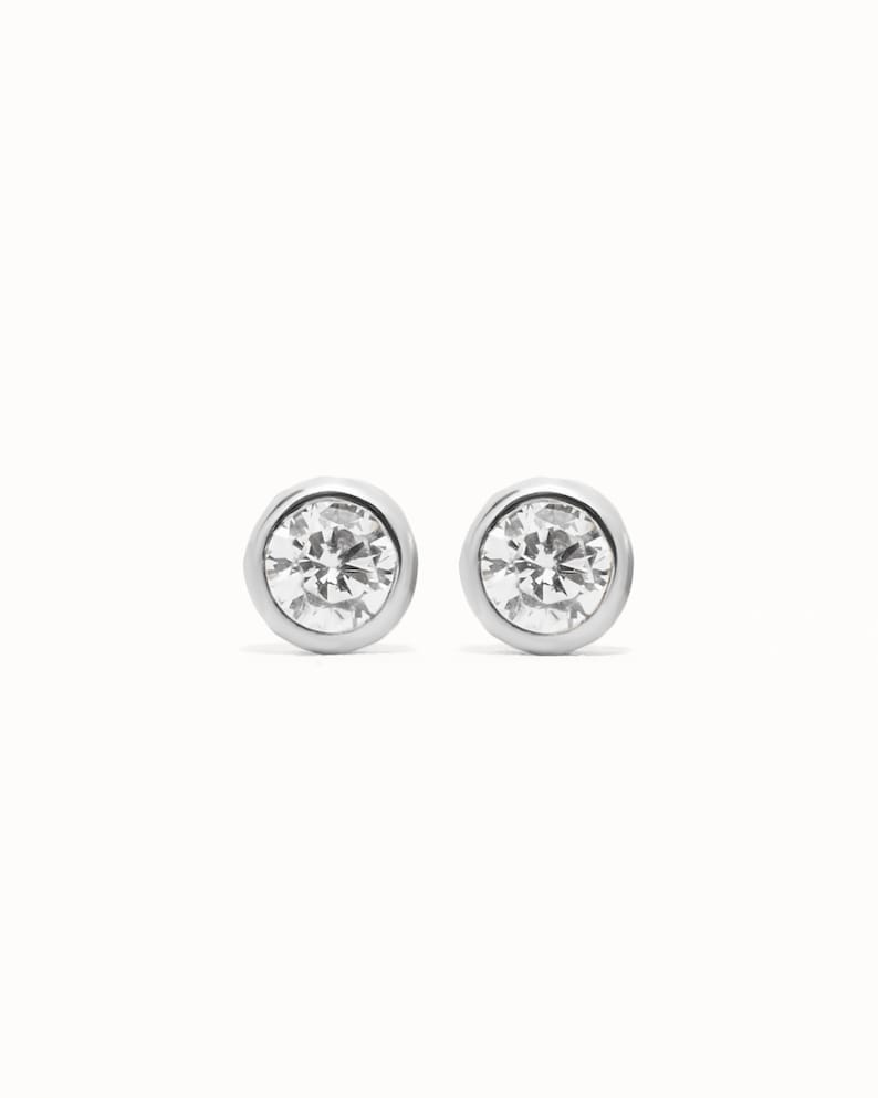 Bright White CZ Stud Earrings April Birthstone Earrings 3mm Minimalist Small Stud Earrings Silver Gold Simple Bezel Earrings CST016 image 4