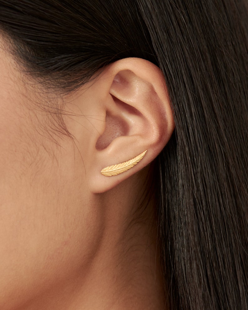 Ear Climber Gold Sterling Silver Ear Cuff Feather Ear Climber Etsy