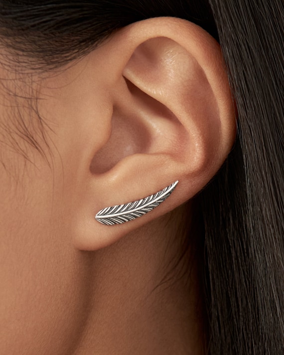Feather Ear Climber Sterling Silver Ear Cuff Boho Earrings Silver