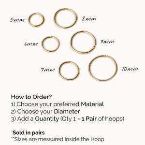 May include: Gold hoop earrings in various sizes, from 5mm to 10mm. The earrings are sold in pairs. The text "Sold in pairs" and "Sizes are measured Inside the Hoop" is included in the image.