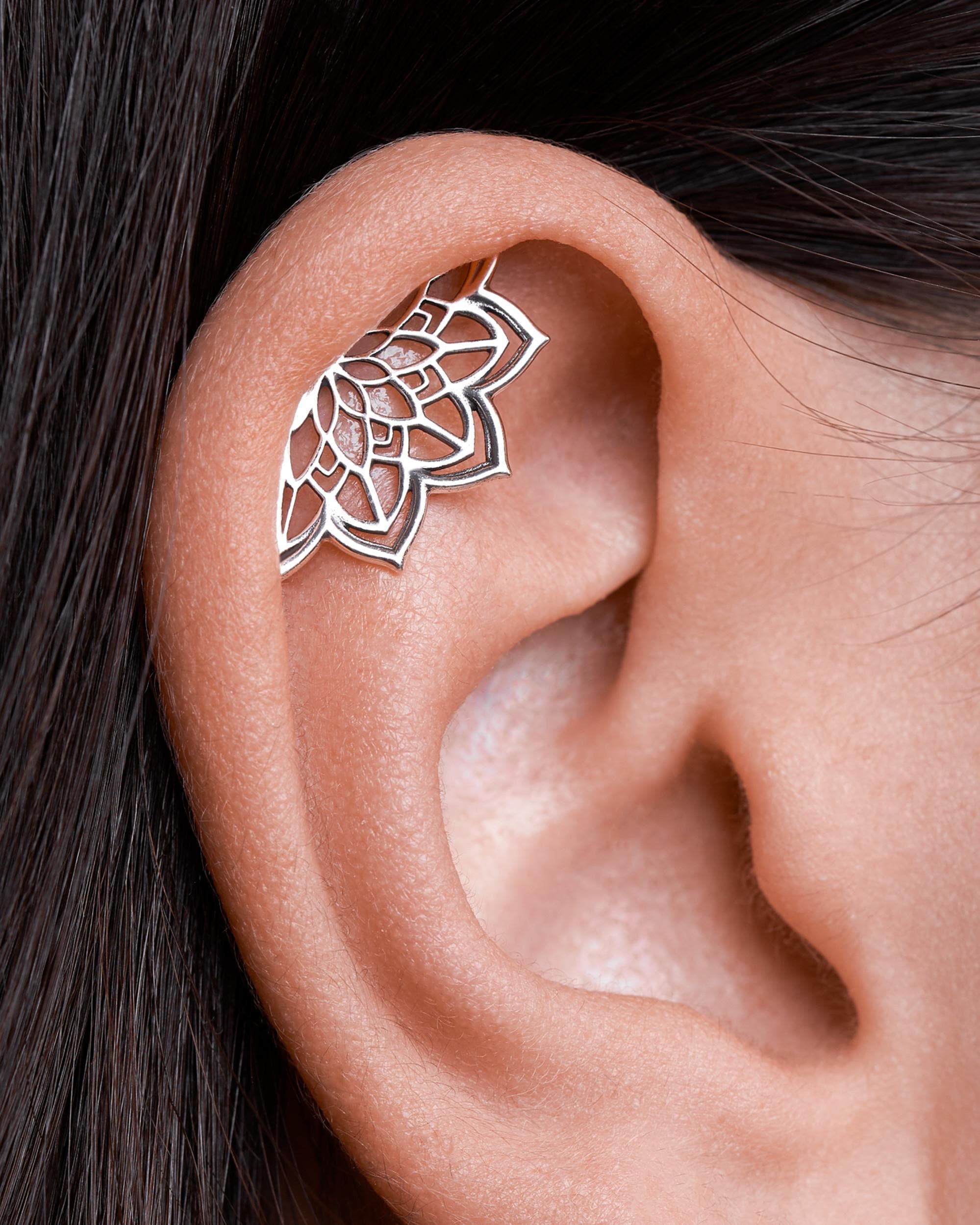 Boho Helix Earring • Geometric Mandala Lotus Flower Hidden Helix • Piercing 18G 16G • Cartilage Bohemian Silver Spiritual Jewelry • CRT023 B