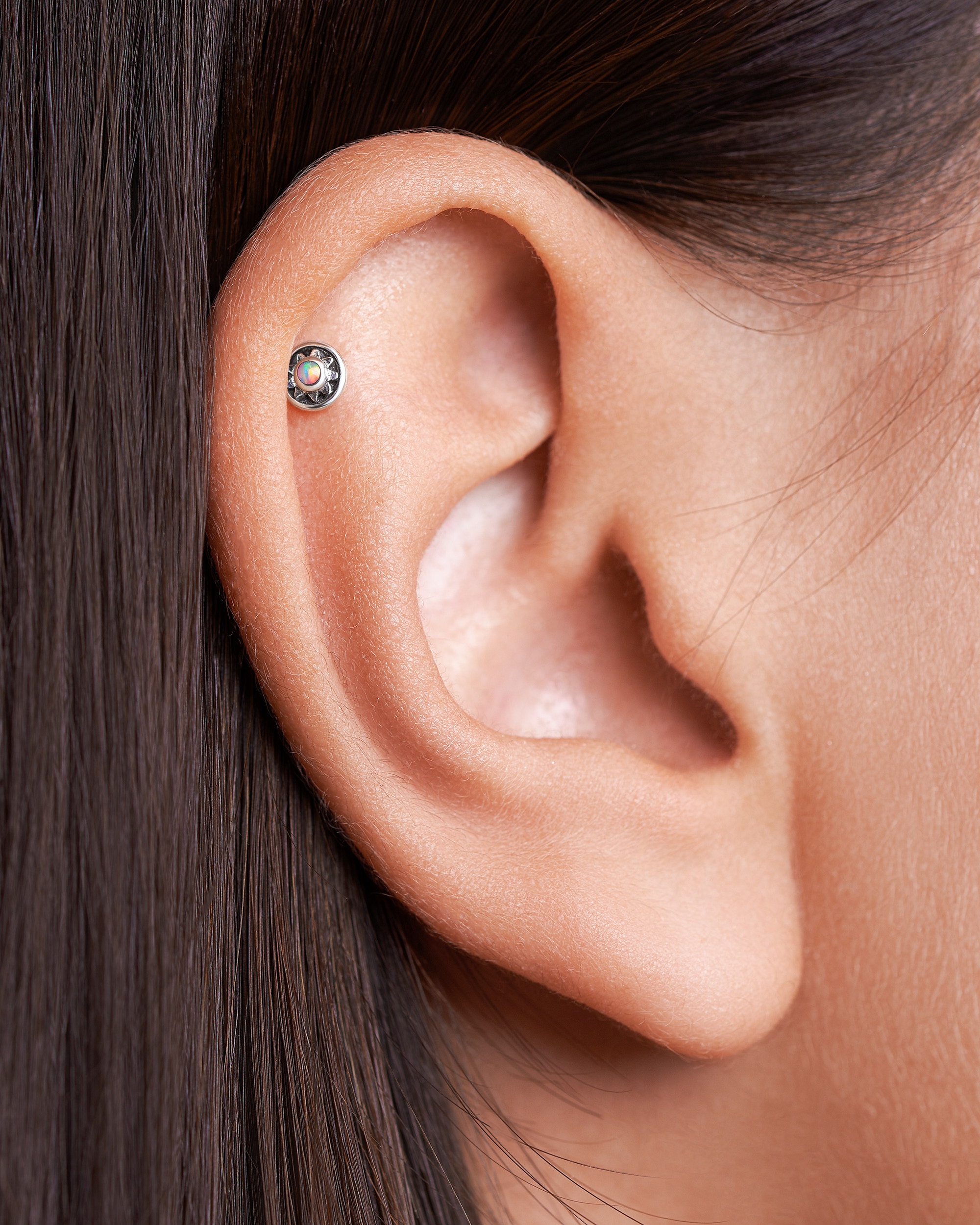 Fire Opal Cartilage Earring • Flat Back Stud Earring • Sterling Silver 16G Internally Threaded Labret Stud • Opal Piercing Jewelry - CRT011