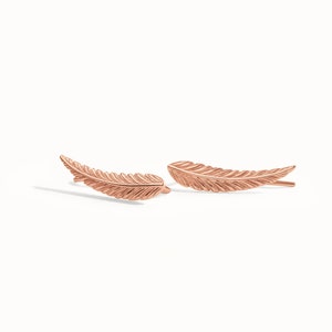 Ear Climber Gold Sterling Silver Ear Cuff Feather Ear Climber Boho Earrings Modern Jewelry Gift for Her FES018 Rose Gold Shiny