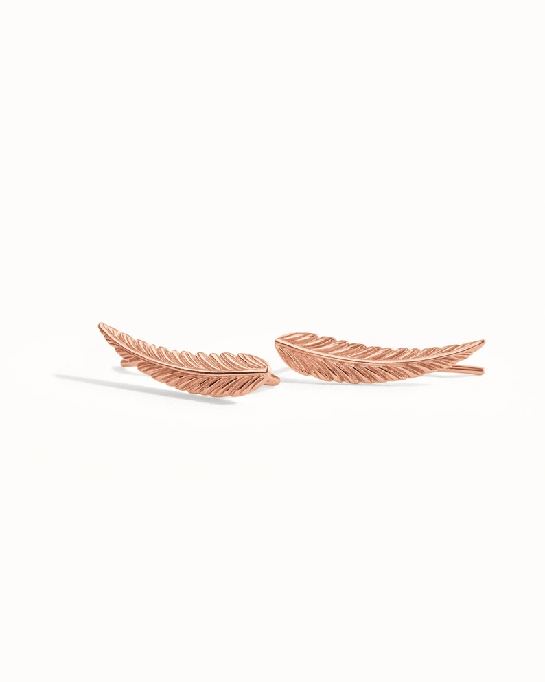 Ear Climber Gold Sterling Silver Ear Cuff Feather Ear Climber Boho Earrings Modern Jewelry Gift for Her FES018 Rose Gold Shiny