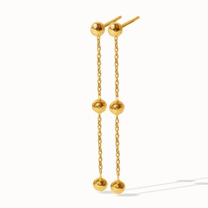 Double Ball Earrings Long Drop Ball Earrings Gold Ball Threader Earrings Silver Chain Dangle Earrings Gift for Her CST025 Yellow Gold Shiny