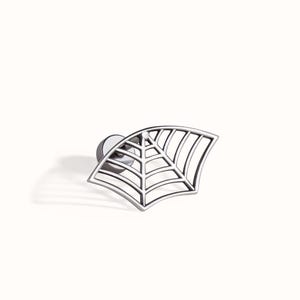 May include: A silver-toned metal stud earring featuring a stylised, fan-shaped spider web design. The piece has a polished finish with open-work detailing between the web strands and includes a circular backing post for secure attachment.