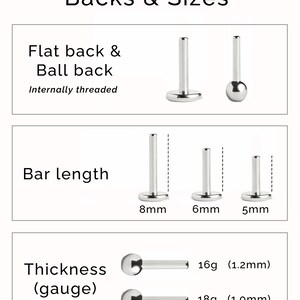 May include: A chart titled Backs & Sizes showing silver body jewellery components. It displays flat back and ball back internally threaded posts, bar lengths of 8mm, 6mm, and 5mm, and thickness gauges of 16g (1.2mm) and 18g (1.0mm).