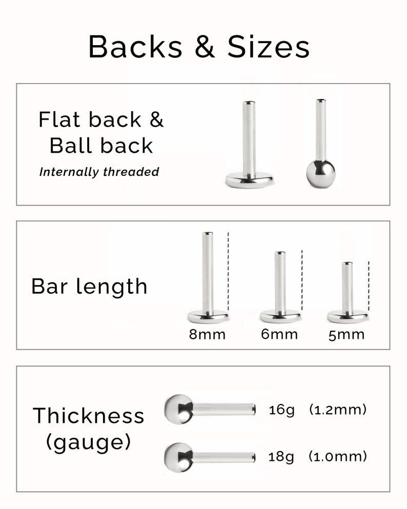 May include: A chart titled Backs & Sizes showing silver body jewellery components. It displays flat back and ball back internally threaded posts, bar lengths of 8mm, 6mm, and 5mm, and thickness gauges of 16g (1.2mm) and 18g (1.0mm).