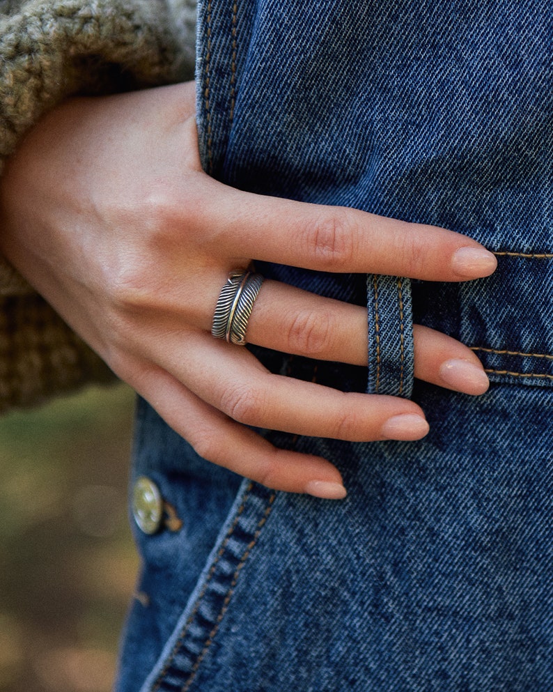 Feather Ring Sterling Silver Mystic Feather Adjustable Wrap Ring Angel Feather Band Southwest Boho Jewelry Gift for Him Her FRI002 image 6