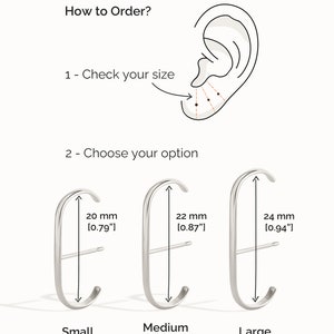 Pu&ograve; includere: Diagramma che mostra come scegliere la dimensione corretta per un braccialetto per orecchie. Il diagramma mostra una vista laterale di un orecchio con tre diverse dimensioni di braccialetti per orecchie contrassegnati come "Piccolo", "Medio" e "Grande". Le misure di ogni braccialetto per orecchie sono elencate in pollici e millimetri.
