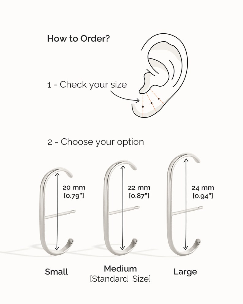 Pu&ograve; includere: Diagramma che mostra come scegliere la dimensione corretta per un braccialetto per orecchie. Il diagramma mostra una vista laterale di un orecchio con tre diverse dimensioni di braccialetti per orecchie contrassegnati come "Piccolo", "Medio" e "Grande". Le misure di ogni braccialetto per orecchie sono elencate in pollici e millimetri.