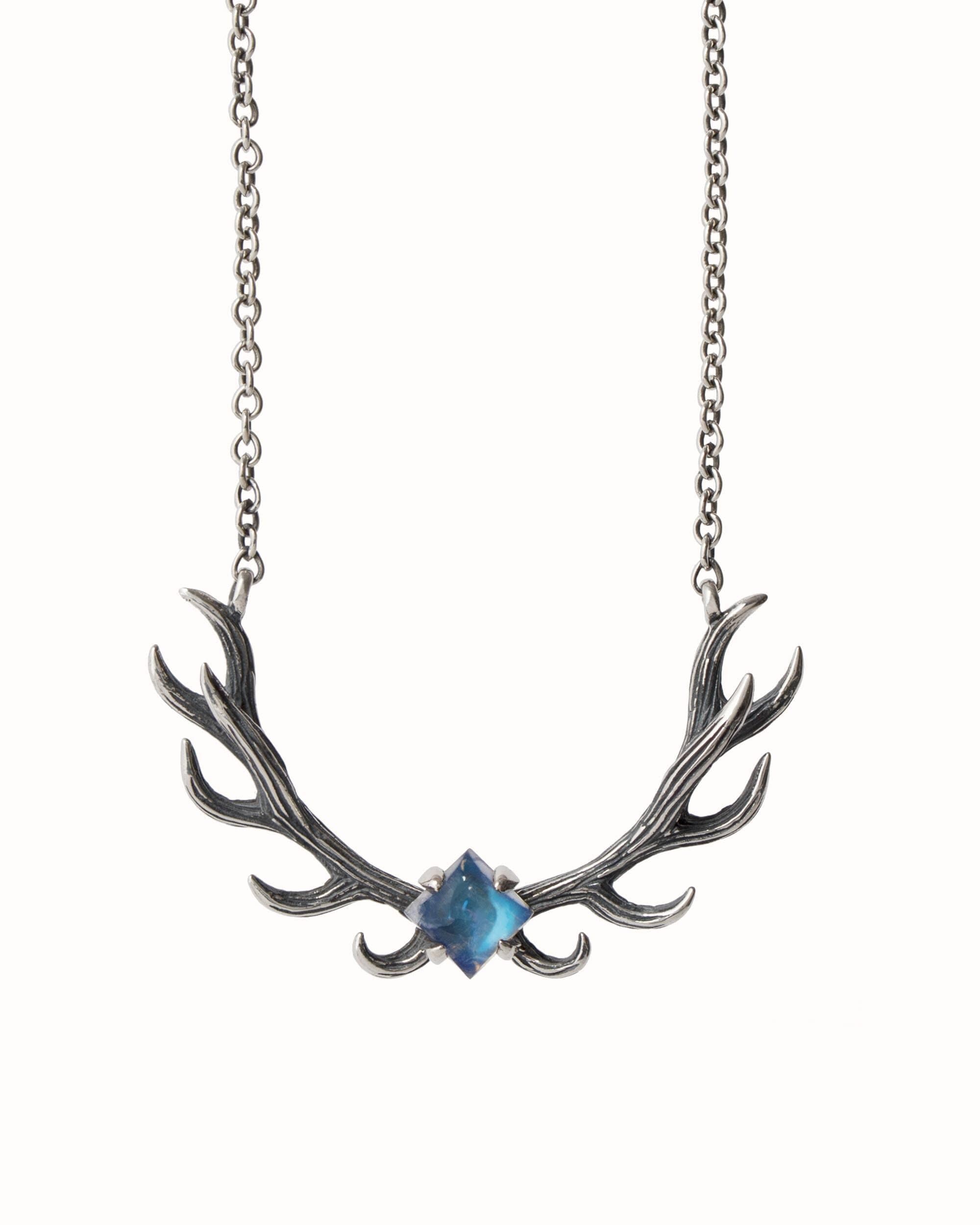 Dark Fantasy Silver Horns Necklace • Wild Deer Antler Moonstone Necklace • Silver Statement Necklace • Elk Stag Charm Necklace - FPE017