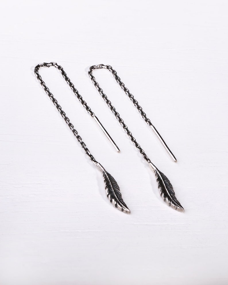 Threader Earrings Feather Earrings Long Chain Earrings Etsy