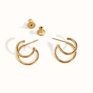 Double Hoop Earrings Gold Filled 14K & Silver Huggie Hoop Earrings Minimalist Twin Hoops Fake Double Piercing Gift for Mom CST032 Yellow Gold Shiny