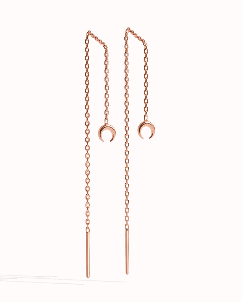 Threader Earrings Crescent Moon Phase Earrings Sterling Silver Chain Earrings Celestial Dangle Minimalist Jewelry CHN002 Rose Gold Shiny