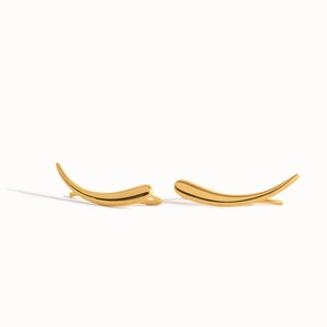 Pendientes de plata de ley con diseño de oreja de luna creciente celestial, pendientes escaladores de orejas, regalo de joyería minimalista moderno para orugas de orejas FES007 Yellow Gold Shiny