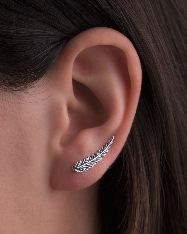 Feather Ear Climber Earrings Boho Sterling Silver Ear Cuff Feather Gold Plated Ear Climber Earrings Bohemian Jewelry FES018 image 1