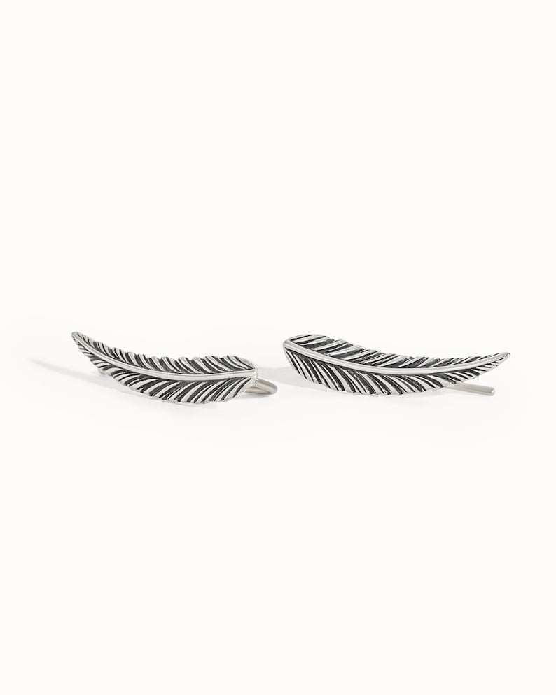 Ear Climber Gold Sterling Silver Ear Cuff Feather Ear Climber Boho Earrings Modern Jewelry Gift for Her FES018 Silver Oxidized 925