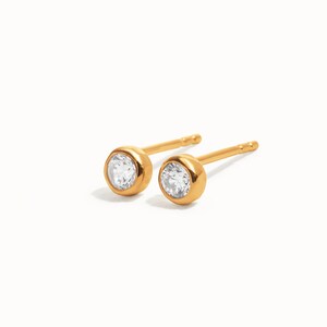 Bright White CZ Stud Earrings April Birthstone Earrings 3mm Minimalist Small Stud Earrings Silver Gold Simple Bezel Earrings CST016 Yellow Gold Shiny