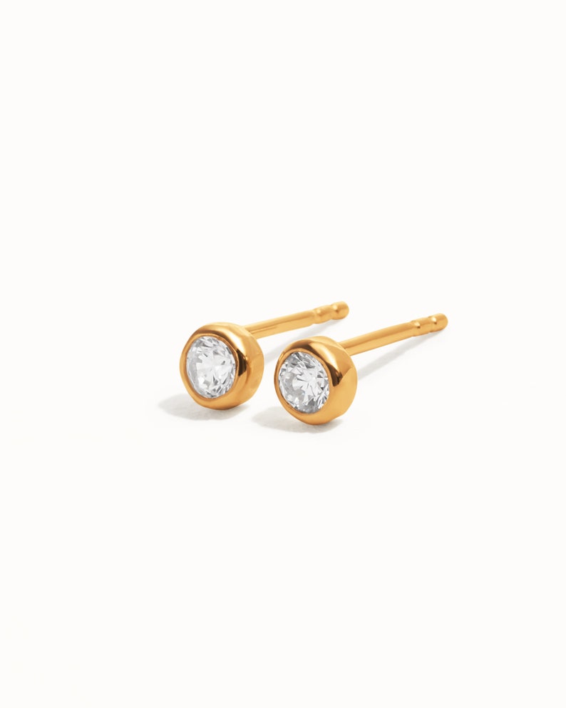 Bright White CZ Stud Earrings April Birthstone Earrings 3mm Minimalist Small Stud Earrings Silver Gold Simple Bezel Earrings CST016 Yellow Gold Shiny