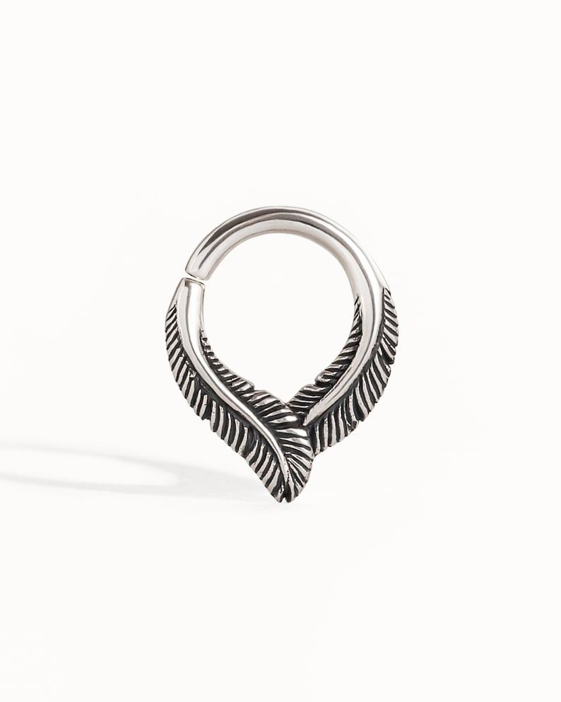 Feather Septum Ring Nose Ring Body Jewelry Sterling Silver Bohemian Fashion Indian Style 14g 16g  Gift for Her - BSE039 