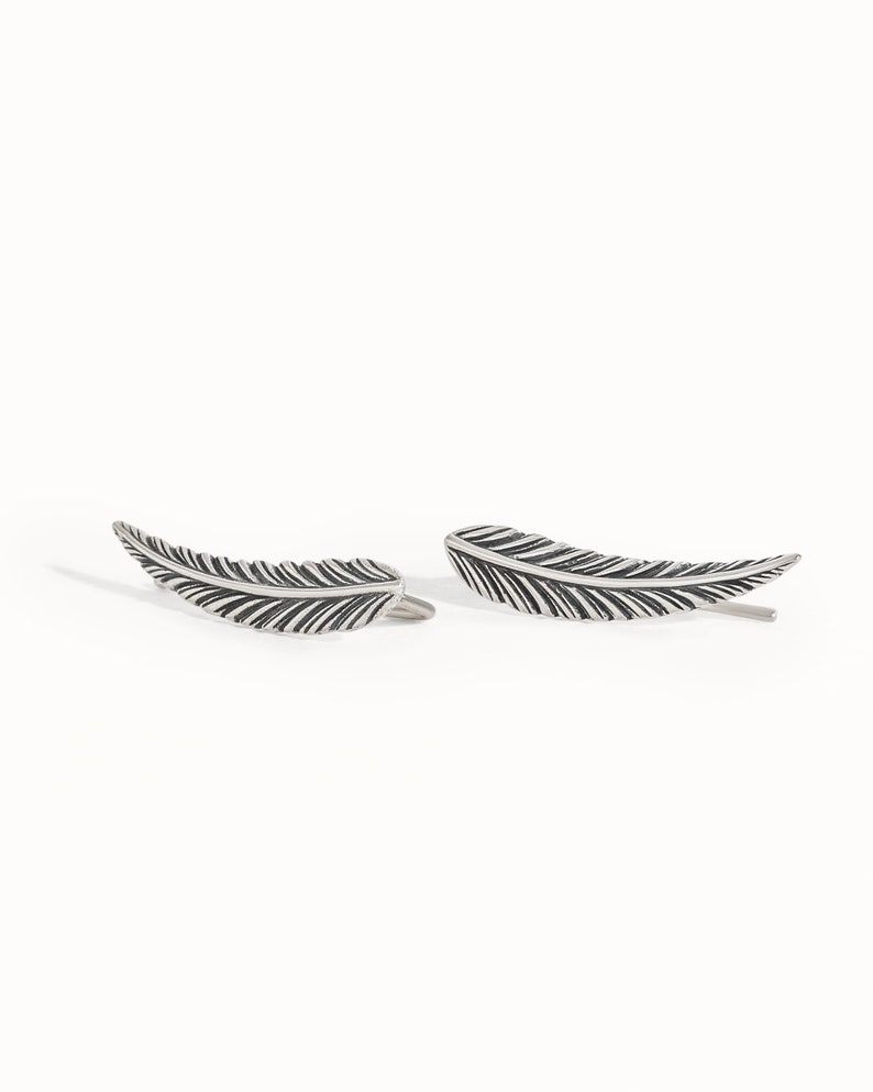 Feather Ear Climber Earrings Boho Sterling Silver Ear Cuff Feather Gold Plated Ear Climber Earrings Bohemian Jewelry FES018 image 2