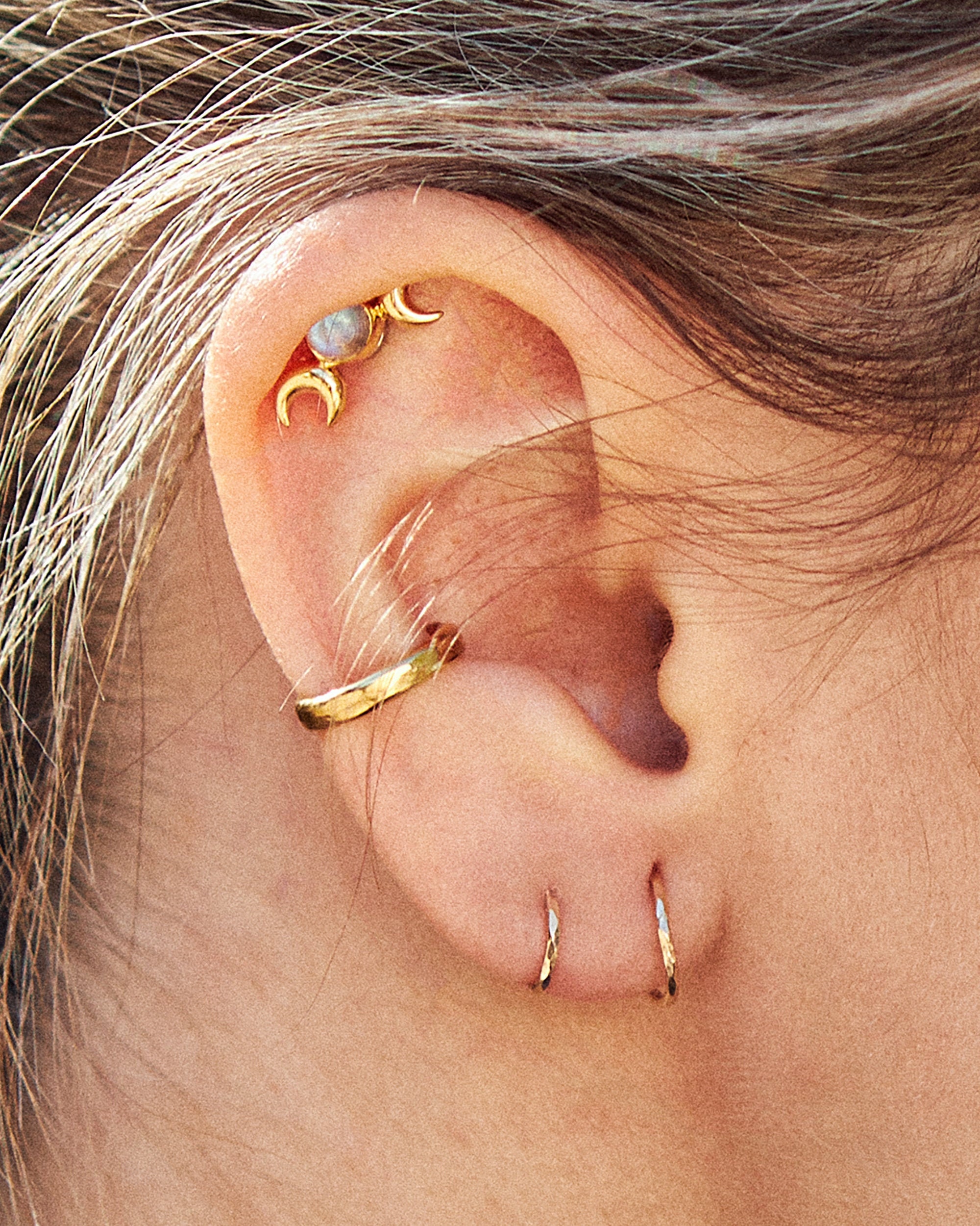 Hecate Symbol Earring • Goddess of Witchcraft and Magic Jewelry • Twin Moons Helix Earring  • Moonstone Cartilage Silver Piercing - CRT004