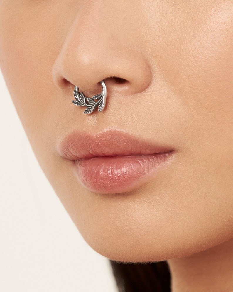 Leaves Septum Ring Nose Ring Body Jewelry Sterling Silver Bohemian Fashion Indian Style 14g 16g 18g Gift for Her BSE036 image 2