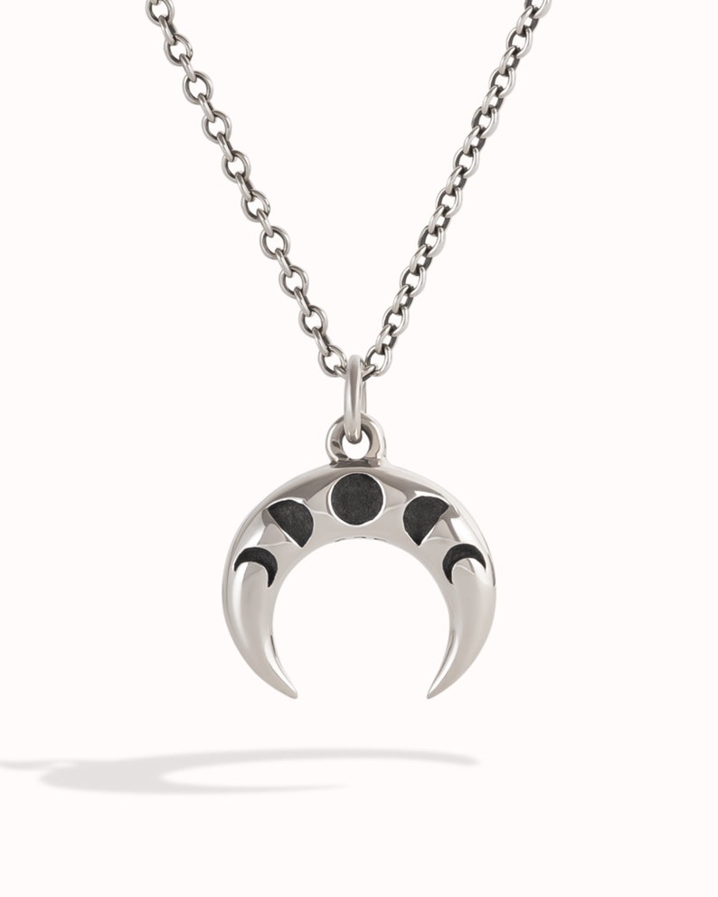 Crescent Moon Celestial Necklace Double Horn Charm Moon Phase Sterling Silver Tusk Boho Jewelry Gift for Her FPE025 image 1