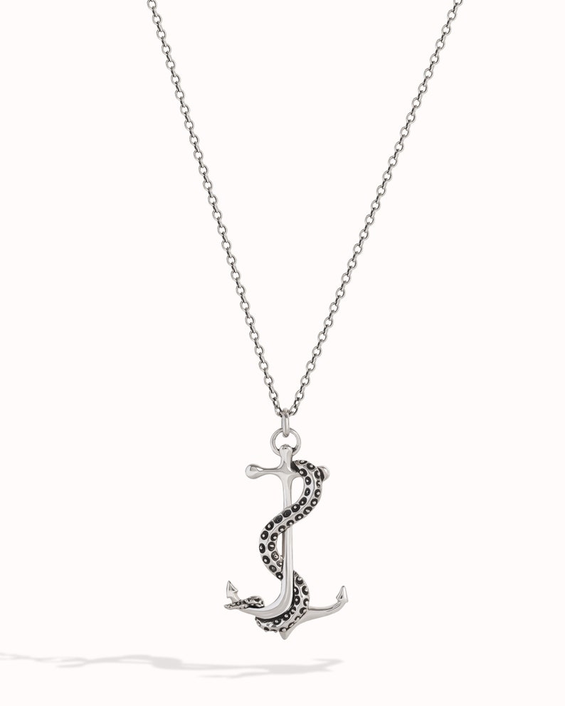 Marine Necklace Summer Jewelry Octopus Tentacle Anchor Necklace Sterling Silver Charm Pendant Gift for Him & Her FPE022 image 3