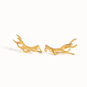 Sterling Silver Ear Cuff Earrings Antler Deer Earpin Boho Ear Crawler Wrap Earring Bohemian 925 Jewelry Gift FES006 Yellow Gold Shiny