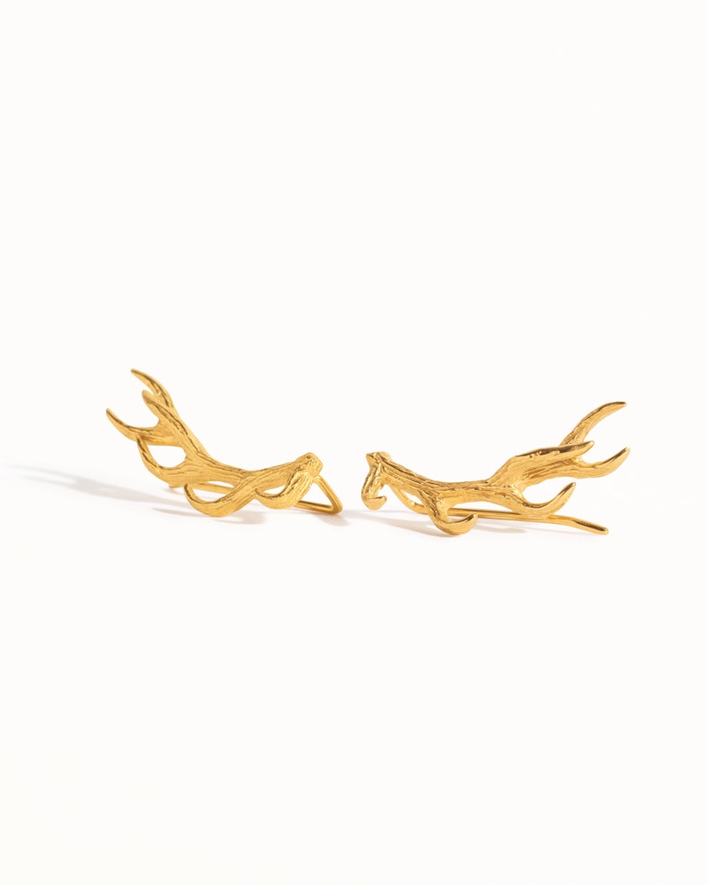 Sterling Silver Ear Cuff Earrings Antler Deer Earpin Boho Ear Crawler Wrap Earring Bohemian 925 Jewelry Gift FES006 Yellow Gold Shiny