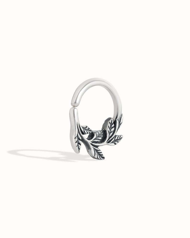 Leaves Septum Ring Nose Ring Body Jewelry Sterling Silver Bohemian Fashion Indian Style 14g 16g 18g Gift for Her BSE036 image 3