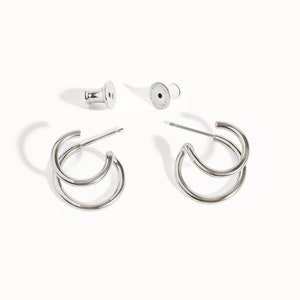 Double Hoop Earrings Gold Filled 14K & Silver Huggie Hoop Earrings Minimalist Twin Hoops Fake Double Piercing Gift for Mom CST032 925 Silver Shiny