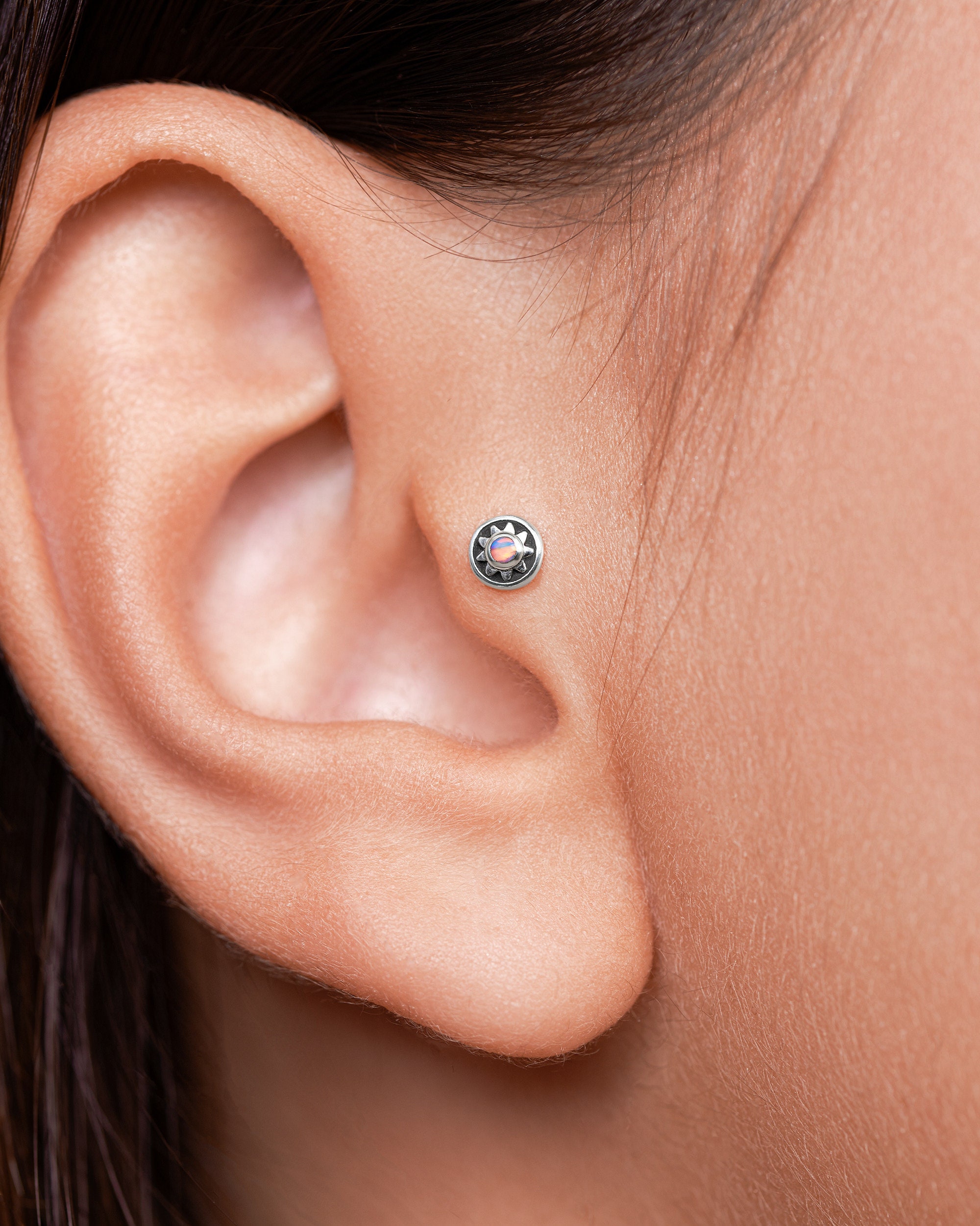 Fire Opal Cartilage Earring • Flat Back Stud Earring • Sterling Silver 16G Internally Threaded Labret Stud • Opal Piercing Jewelry - CRT011