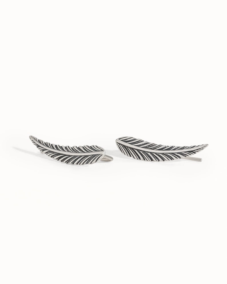Feather Ear Climber Sterling Silver Ear Cuff Boho Earrings Silver Earrings Modern Jewelry Gift for Her Gift for Her FES018 Silver Oxidized 925